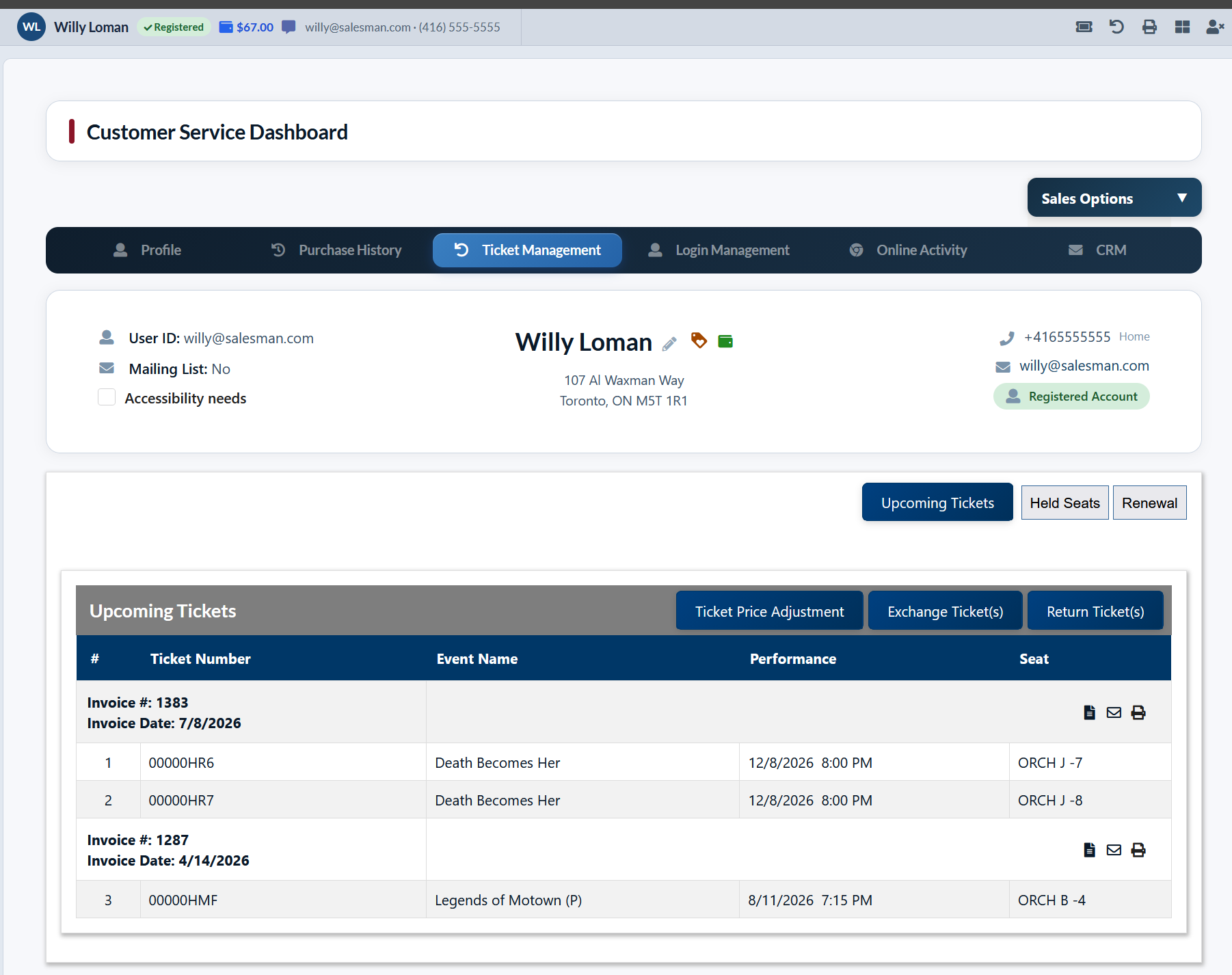 TixHub customer service dashboard showing patron details and upcoming tickets