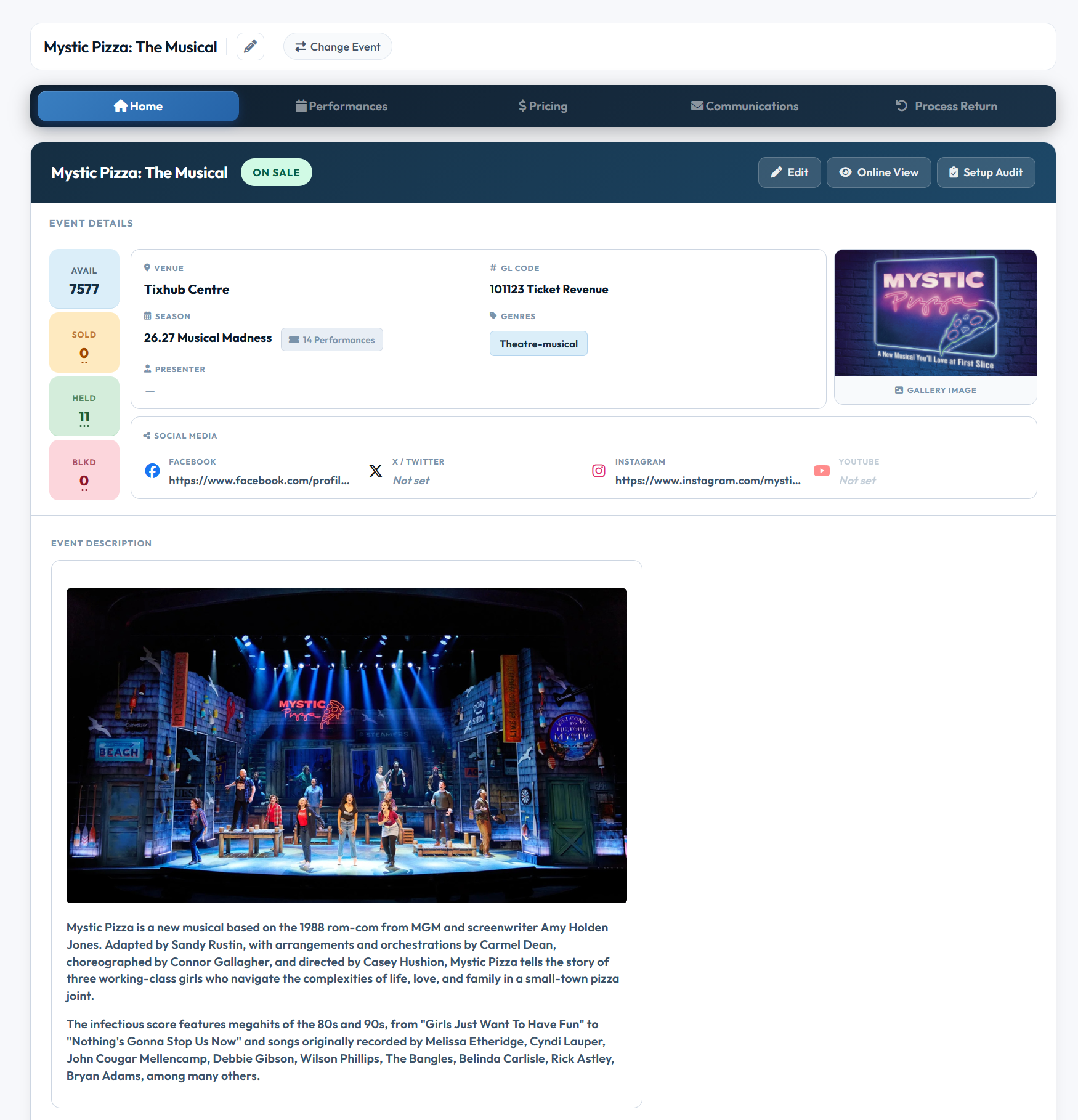TixHub event dashboard showing event details, availability and event description