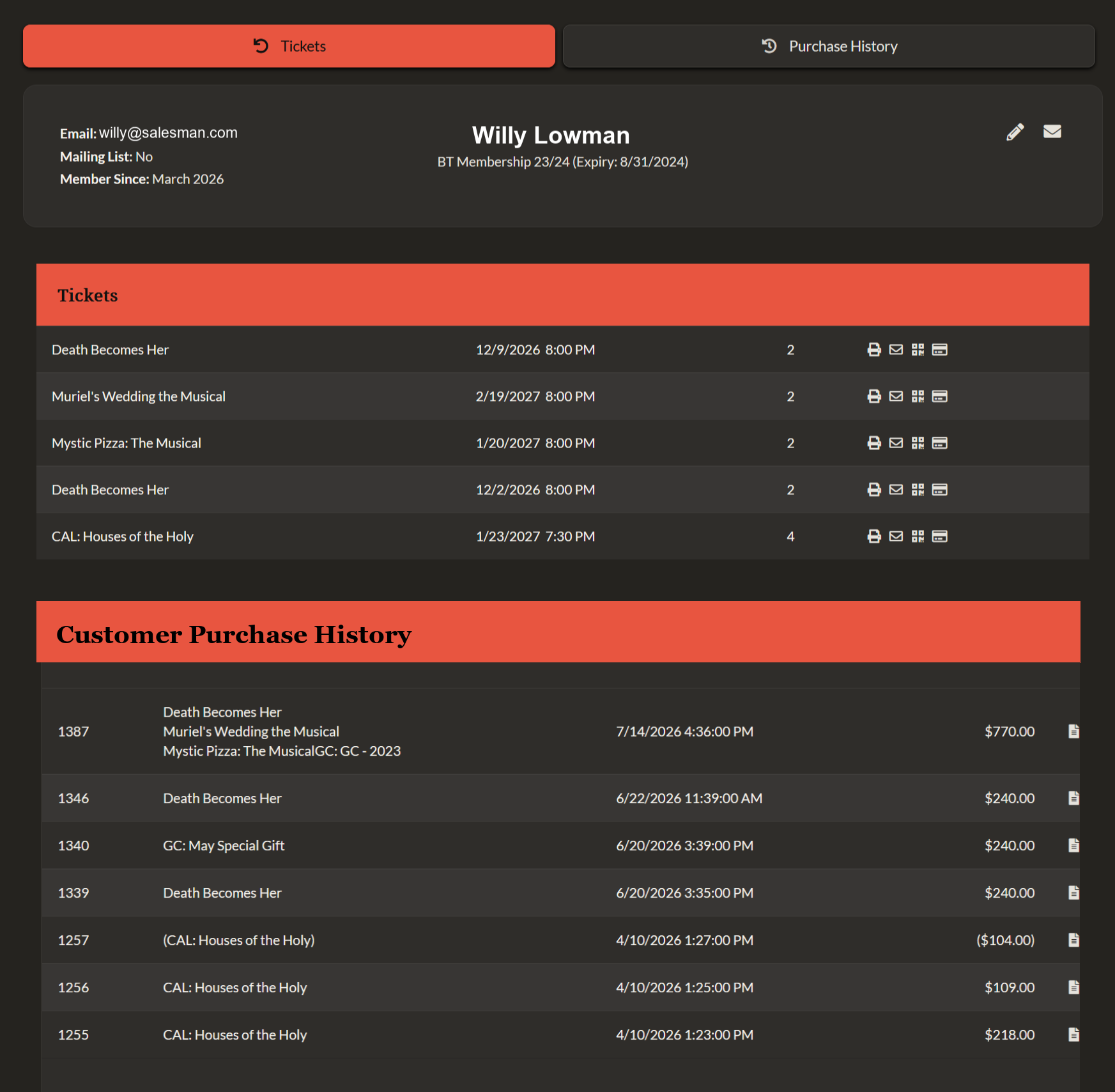 TixHub patron online account showing tickets, purchase history and ticket actions